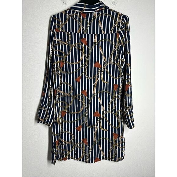 Marquis Women’s Blouse Size S Blue Brown Chain Pattern Button Down Long Sleeve - Picture 4 of 14